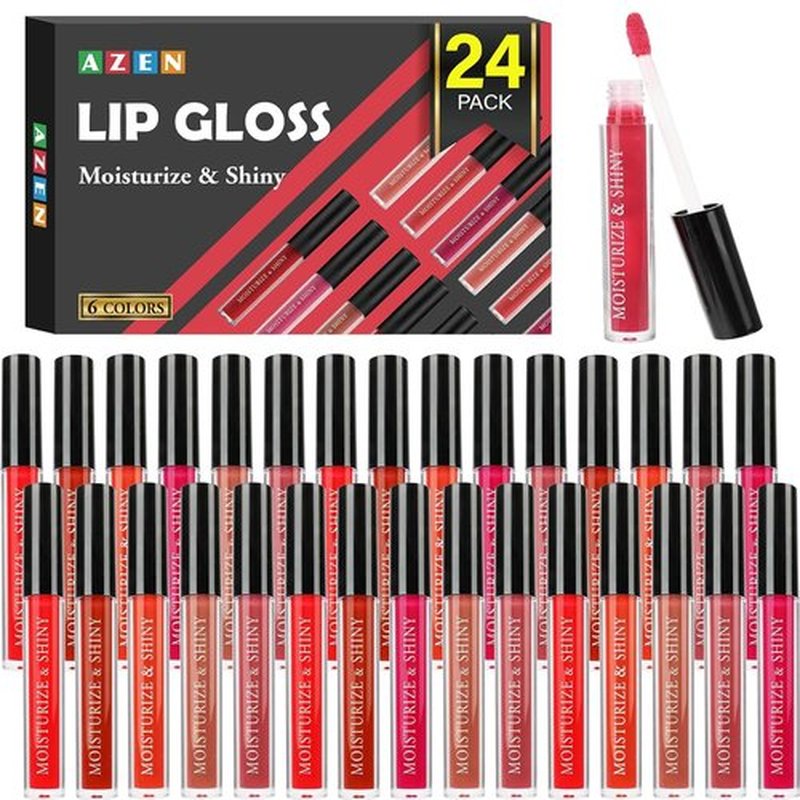 AZEN 24 Pack Lip Gloss Bulk Set, Shimmery Lip Gloss for Women and Girls With Rich Varied Colors, Valentines Gifts Easter Basket Stuffers