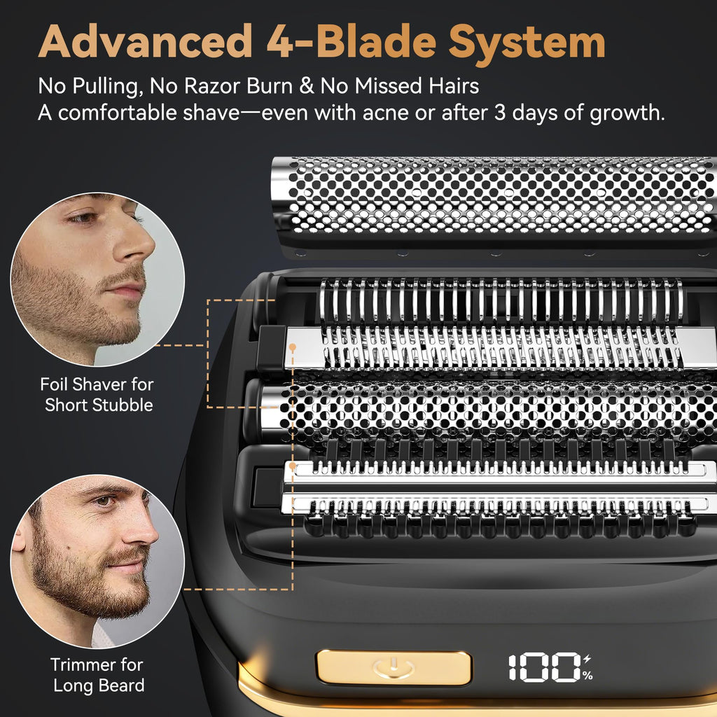 Electric Razor for Men, Advanced Foil Shaver with 4 Floating Blades(2 Foils + 2 Trimmers), Close Shave Without Tugging, Travel Electric Razor for Teenagers, Men & Fathers