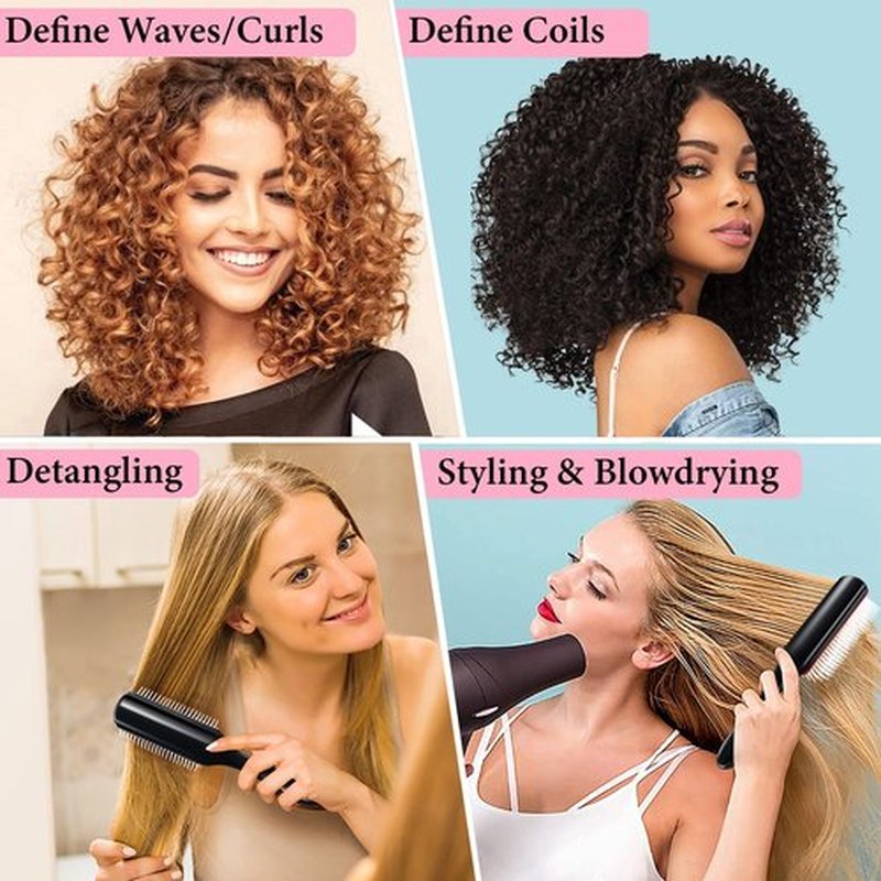 KTKUDY 9 Row Defining Brush - Detangling Blow-Drying Tool for Thick, Wavy & Coily Hair | Black & Pink