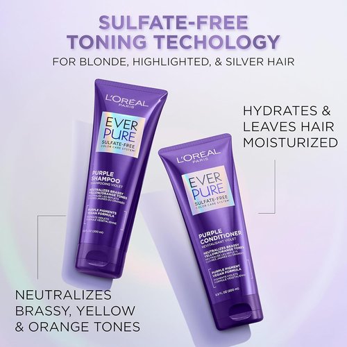 L’Oreal Paris EverPure Brass Toning Purple Shampoo - Sulfate Free for Blonde & Silver Hair | 6.8 Fl Oz