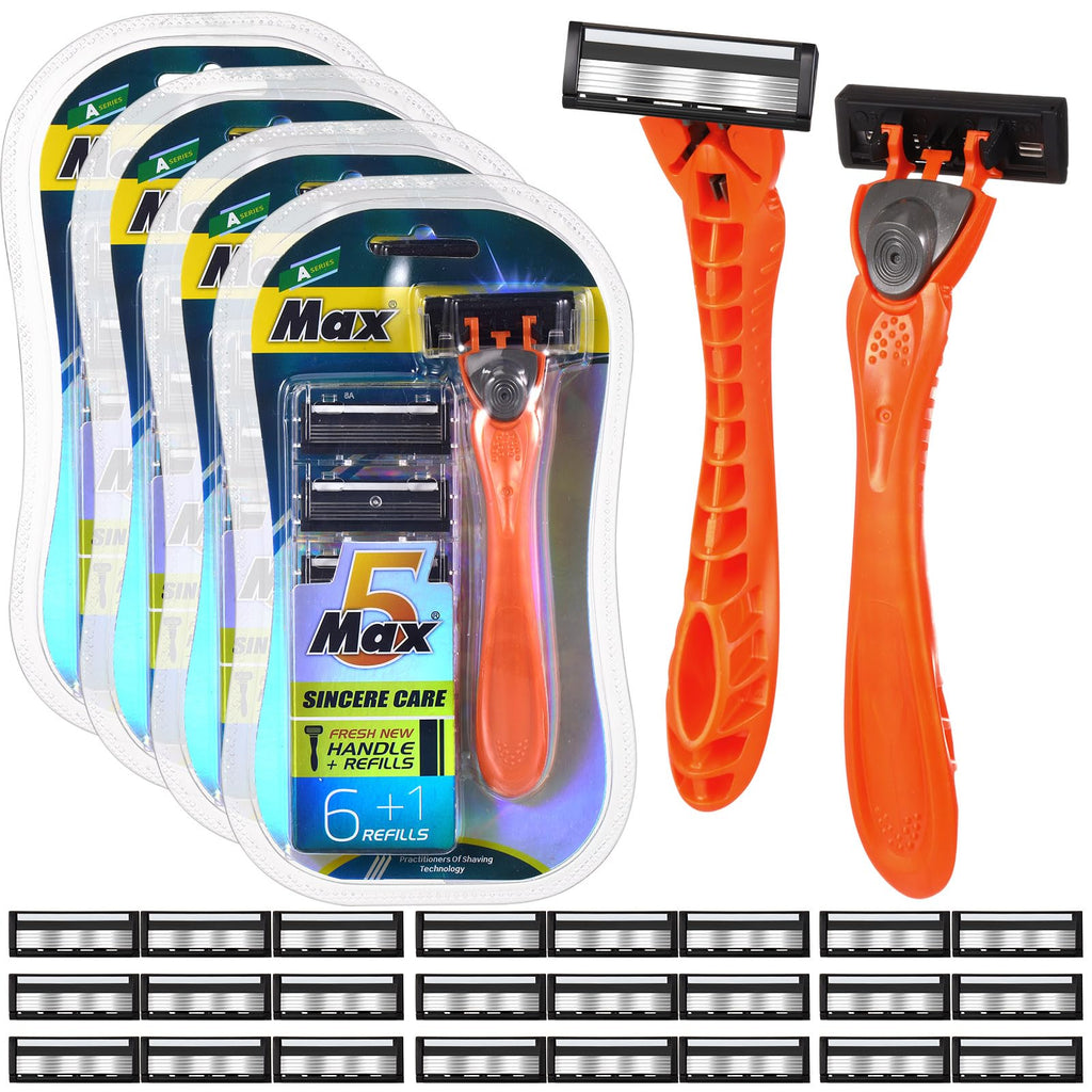 Leriton 28 Pcs Mens Razors Set 5 Blade Razors for Men Sensitive Skin Razor Refillable Razors Set Disposable Blade Refills Disposable Head Razor Shaving Kit, 4 Handle and 24 Cartridges