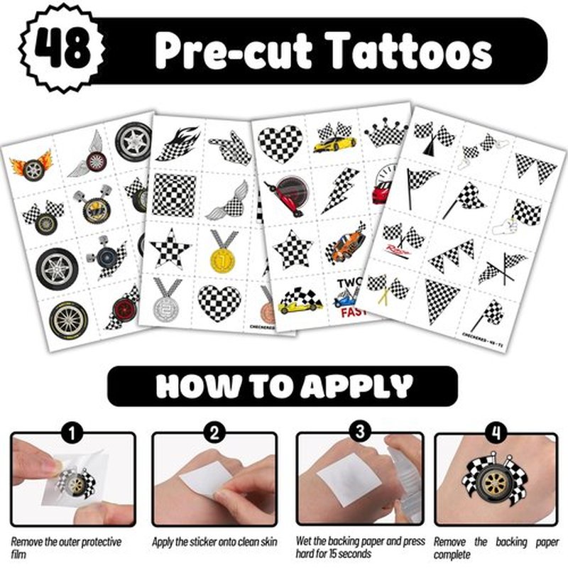 72PCS Checkered Flag Party Set - 48PCS Temporary Tattoos & 24PCS Slap Bracelets - Racing-Themed Birthday Supplies, Baby Shower Gifts, Classroom Rewards & Party Decor