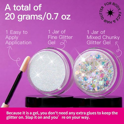 Teenitor Face Glitter Set - 2pcs Versatile Body & Hair Glitter Gel | 20g White Makeup Glitter