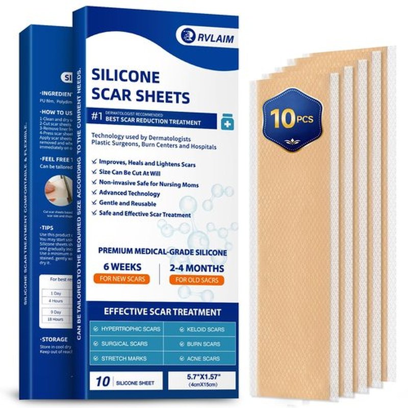 Rvlaim Silicone Scar Sheets, Silicone Scar Tape(5.7” x 1.57” 10 Pcs), Silicone Scar Sheets for Surgical Scars, Keloid Bump Removal, Stretch Marks Removal, C-Section, Burn et
