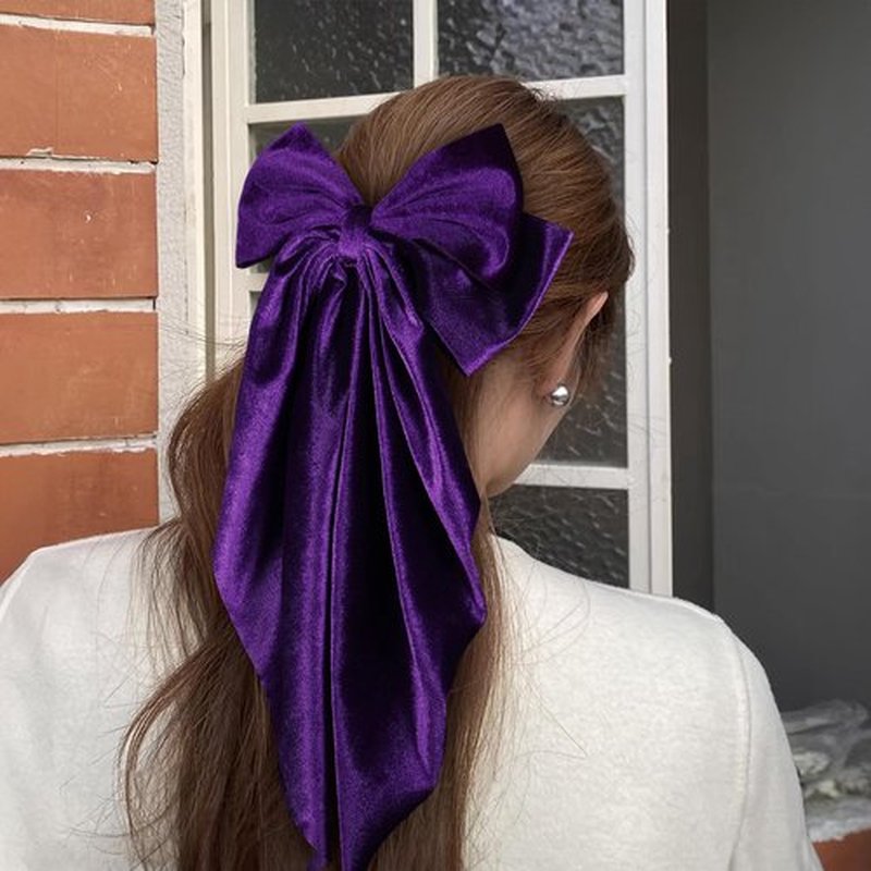 Purple Velvet Large Hair Bow Long Tail Bowknot Hair Barrette Clip 8.26 Inch Women Girls Fall Winter Ponytail Holder Hair Accessories