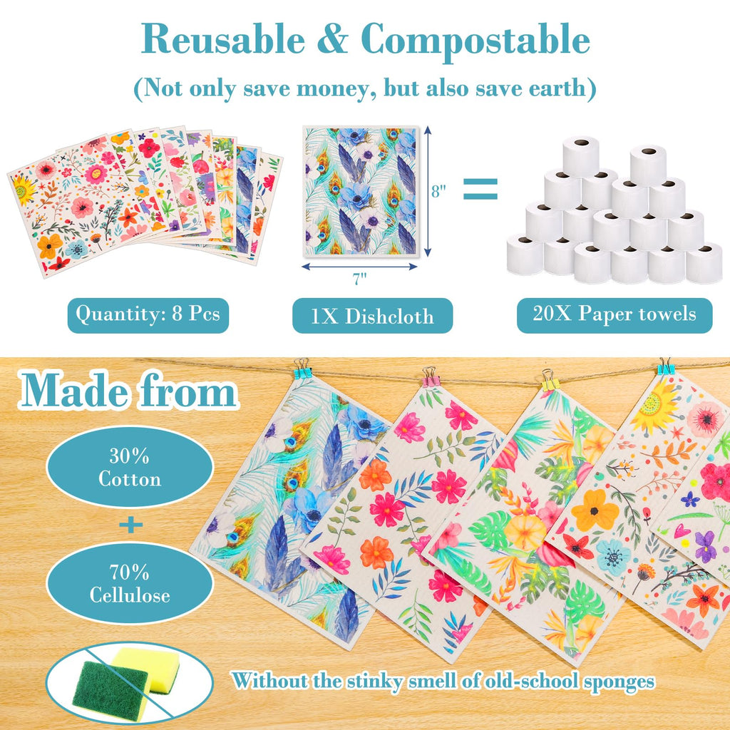 Lucomb Swedish Dishcloths for Kitchen Dishes, 8 Pack Reusable Cleaning Cloths Replace Paper Towels Swedish Towels Cleaning Rags Eco Friendly Biodegradable for Home Office Wipes