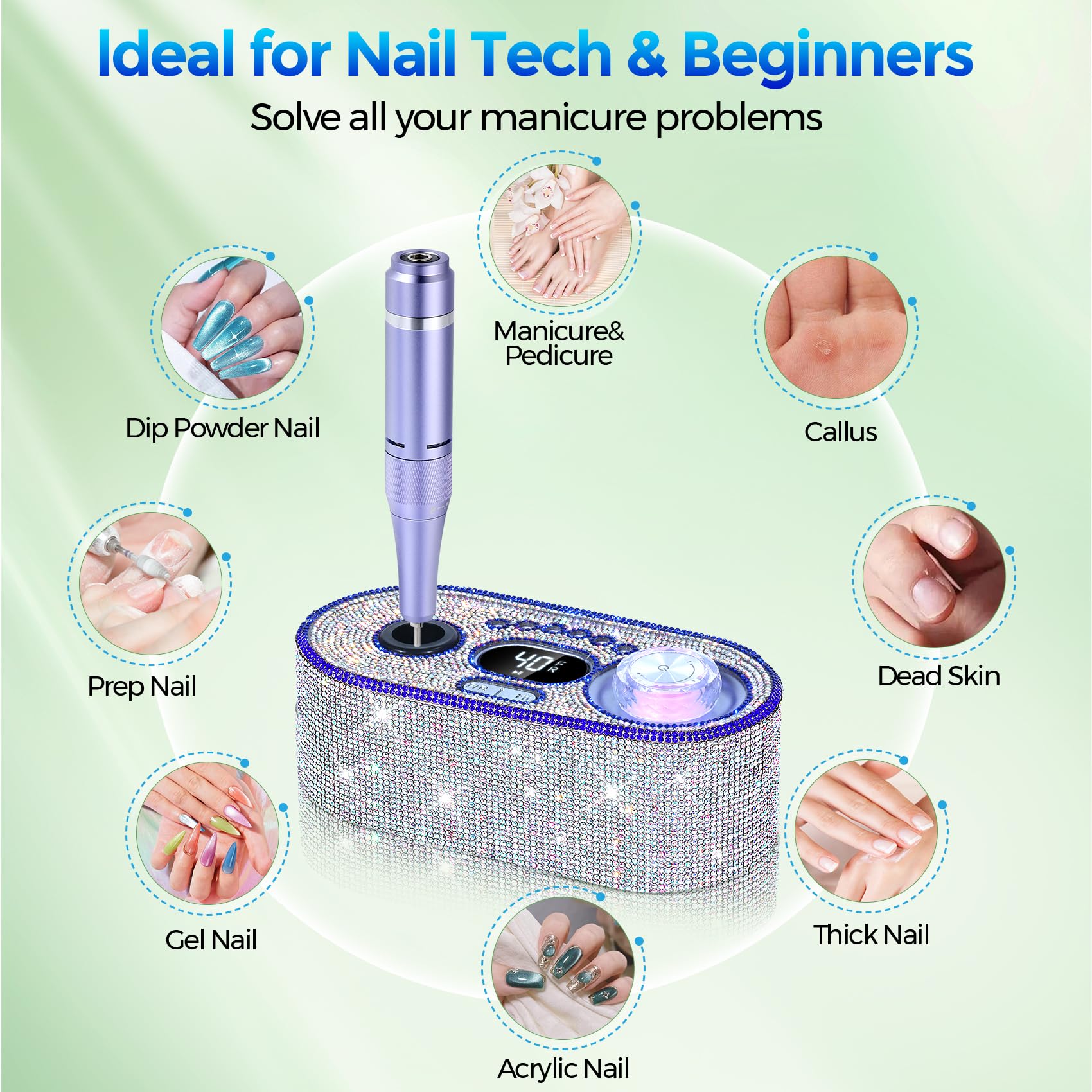 Nail Drill Electric File: DEDNMSCA Sparkly Professional Nail Drill Kit, 40000RPM E-File Machine with 12 Drill Bits for Acrylic Nails Remove Nail Gel Polish Manicure for Salon Home, Diamond