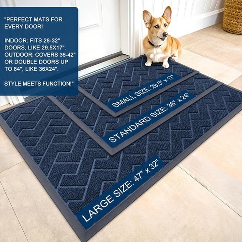 OLANLY Waterproof Front Door Mat - All-Season Indoor/Outdoor Doormat, Easy Clean Herringbone Design (Blue, 47x23)
