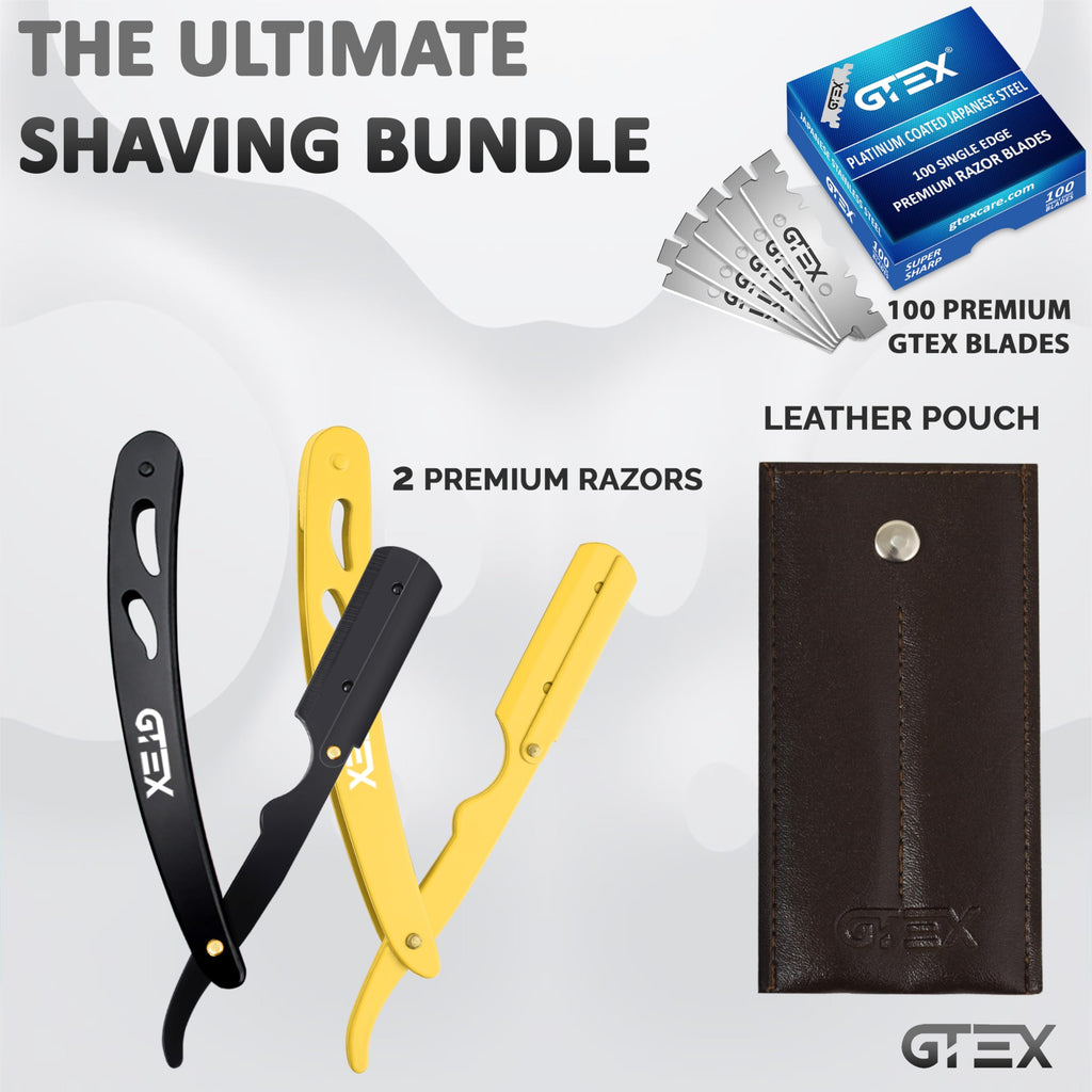 2 Straight Razor For Men (Yellow Black), 100 GTEX Premium Blades (Japanese Steel) - 2Pack Straight Edge With 100 Platinum Blades - Navajas Para Barbero - Barber For Men, Beard
