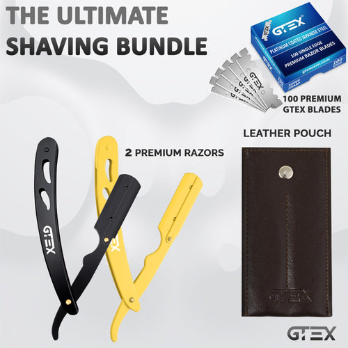 2 Straight Razor For Men (Yellow Black), 100 GTEX Premium Blades (Japanese Steel) - 2Pack Straight Edge With 100 Platinum Blades - Navajas Para Barbero - Barber For Men, Beard