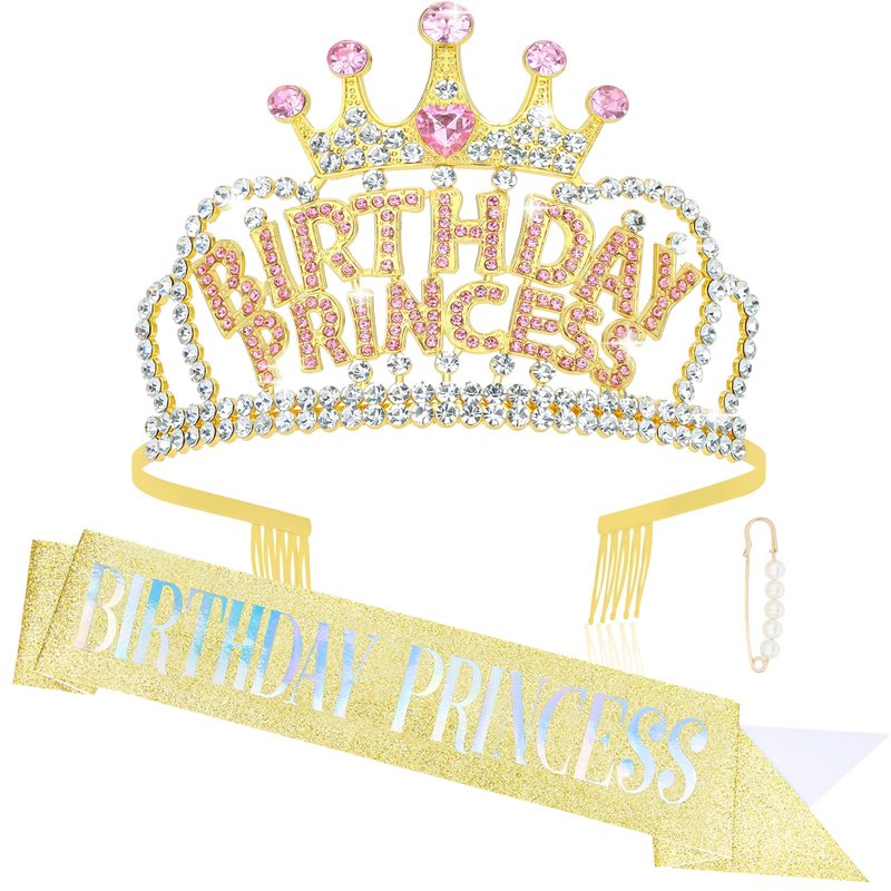 Wecoe Gold Birthday Crown and Sash: Women's Princess Crown with Rhinestone Tiaras & Sash - Happy Birthday Party Favors & Decorations for Adult Women Celebrants
