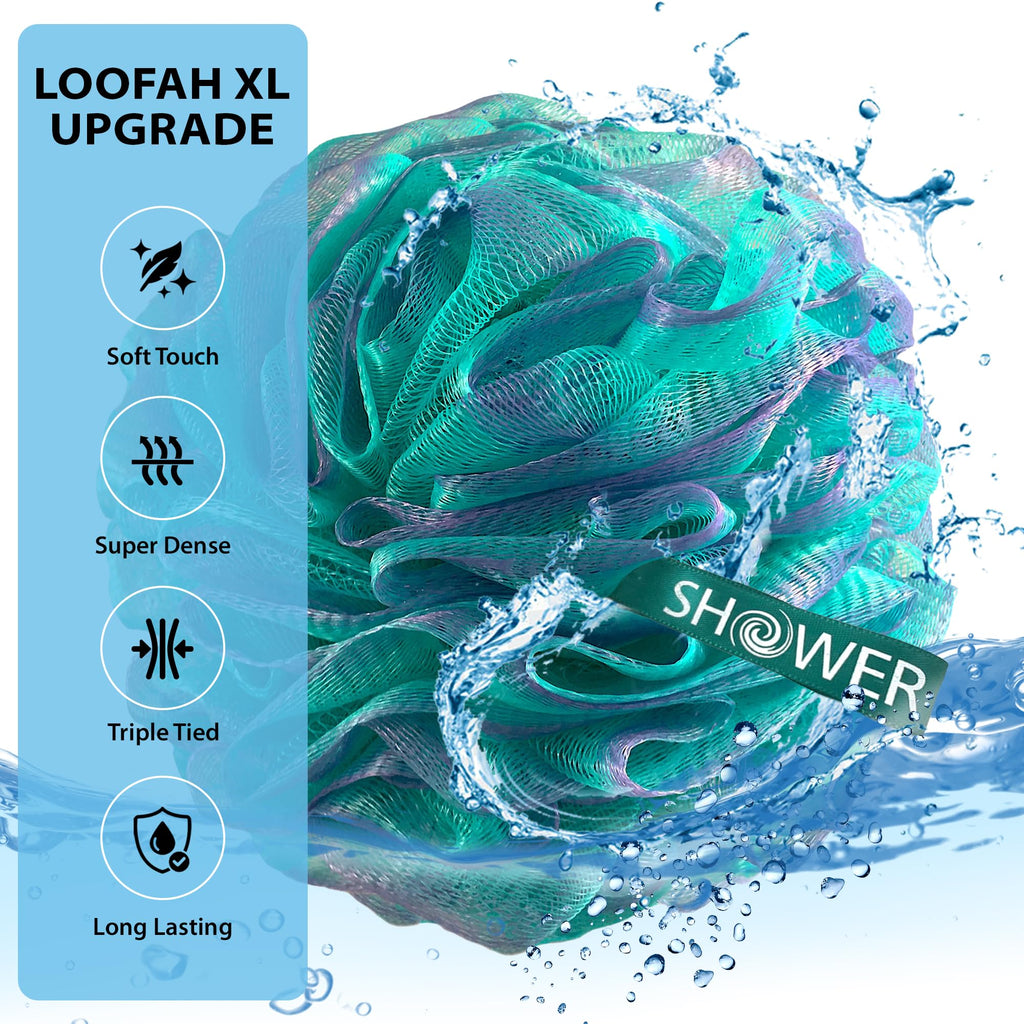 SHOWER BOUQUET Loofah-Bath-Sponge XL Swirl-Mix-Color 4-Pack // Extra-Large 75g Mesh Luffa Loofa Loufa Puff Pouf Set/Exfoliating Body Scrubber for Women and Men - Exfoliate & Soothe Face & Body