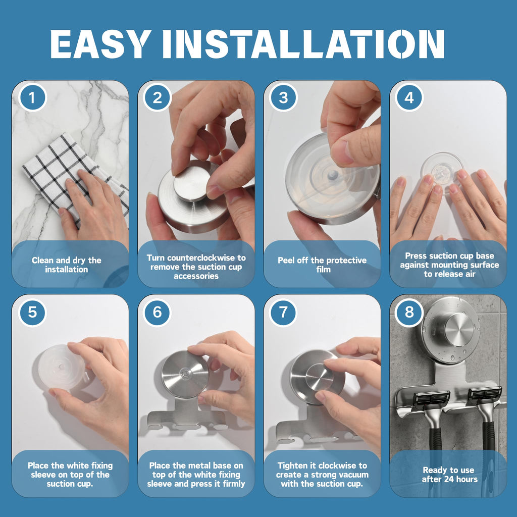 WACXYBZ Suction Cup Razor Holder for Shower, Heavy-Duty 7KG Suction Hooks for Razor, Towel, Loofah, Removable Damage-Free Metal Shower Hook, Shaver Holder, 2 Pack (Brushed Silver)