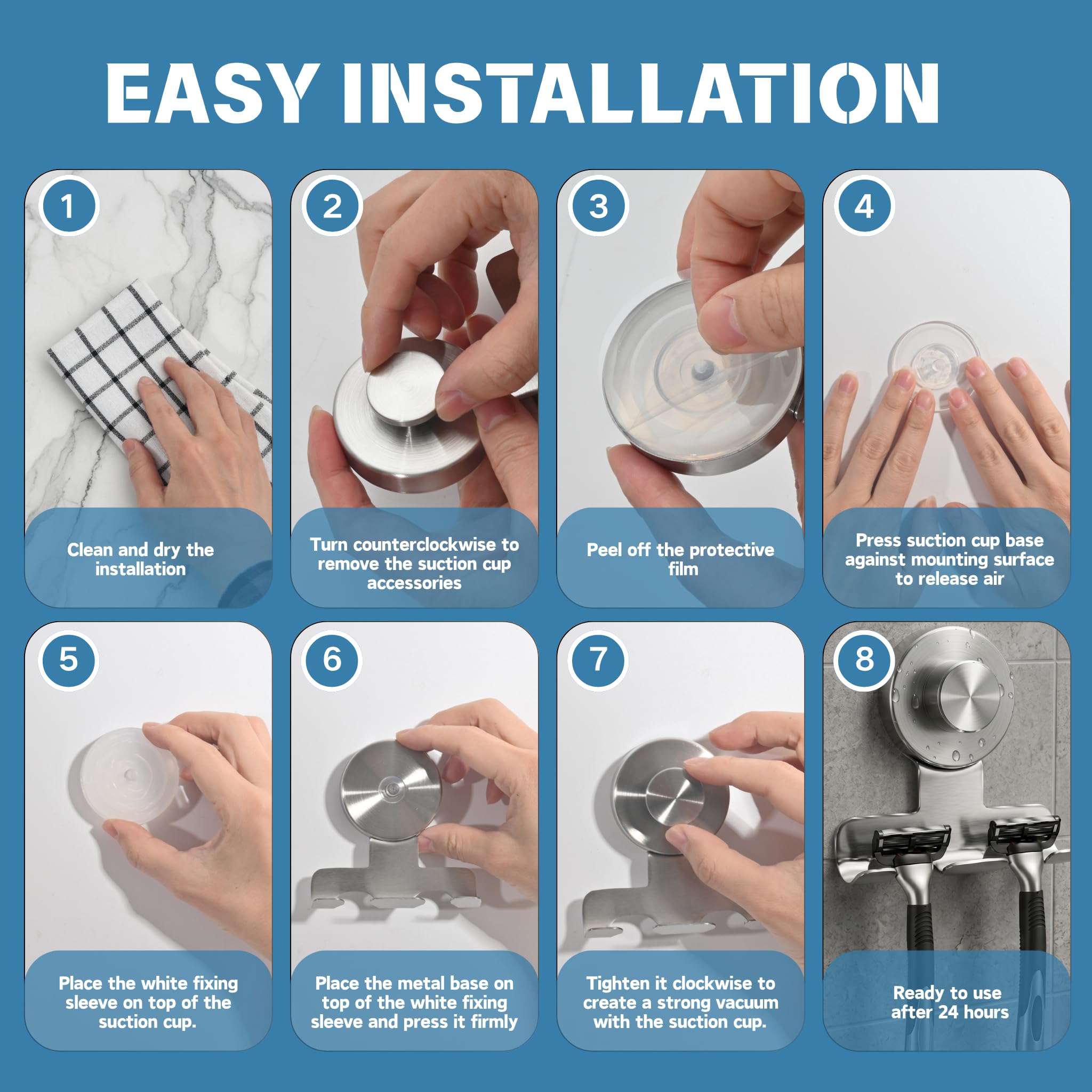 WACXYBZ Suction Cup Razor Holder for Shower, Heavy-Duty 7KG Suction Hooks for Razor, Towel, Loofah, Removable Damage-Free Metal Shower Hook, Shaver Holder, 2 Pack (Brushed Silver)