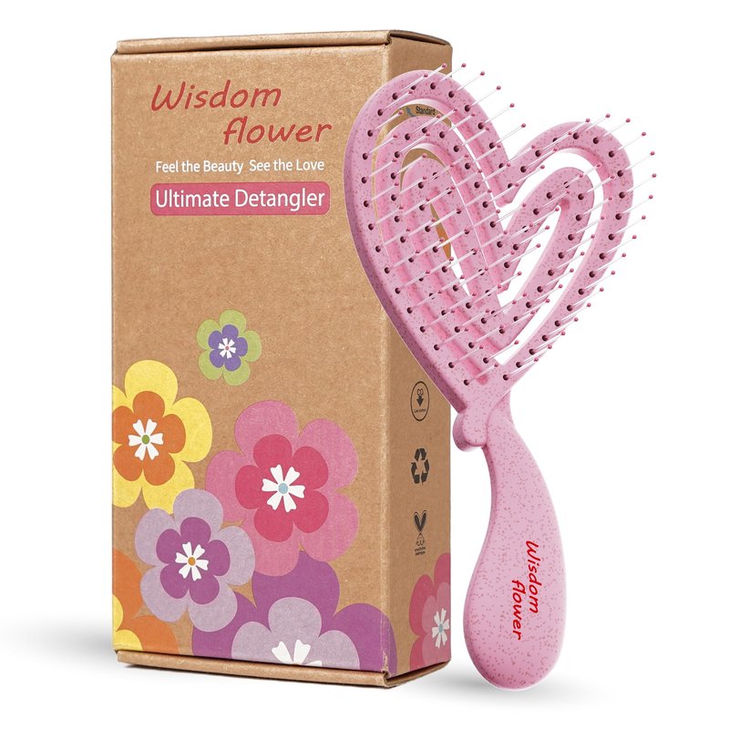 Wisdom Flower Detangler Brush – Heart-Shaped Detangling Brush for Curly, Wavy, Thick Hair – Sakura pink Hairbrushes for Women with Bowl-Curve, Flexible Bristles, Blow Dryer Safe, Small