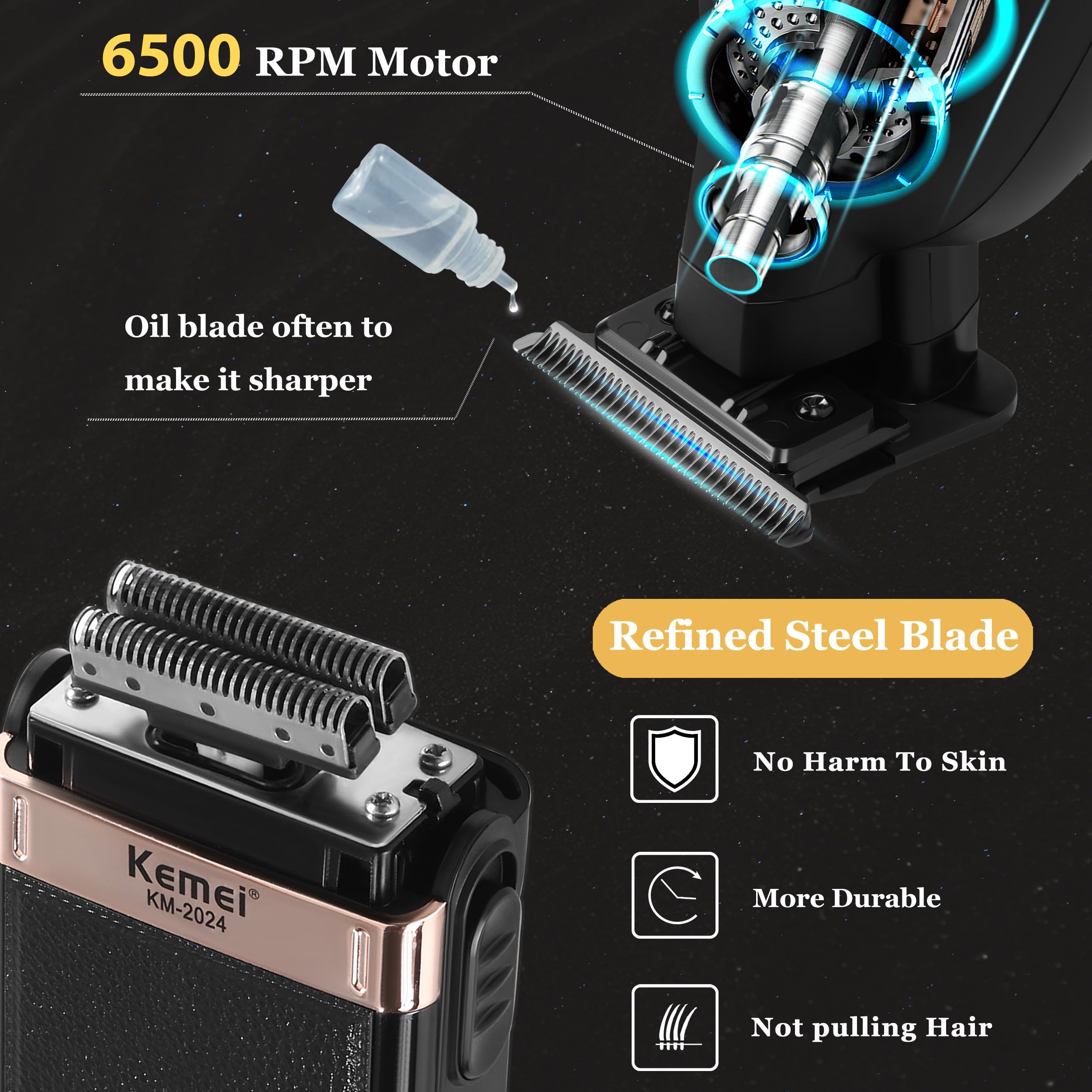 KEMEI Hair Trimmer for Men Professional & Waterproof Foil Shaver with Replaceable Foil Mesh, Zero Gapped Hair Clippers, Cordless Electric Razor for Men, Mens Grooming Shaving Kit, KM 2299, KM 2024
