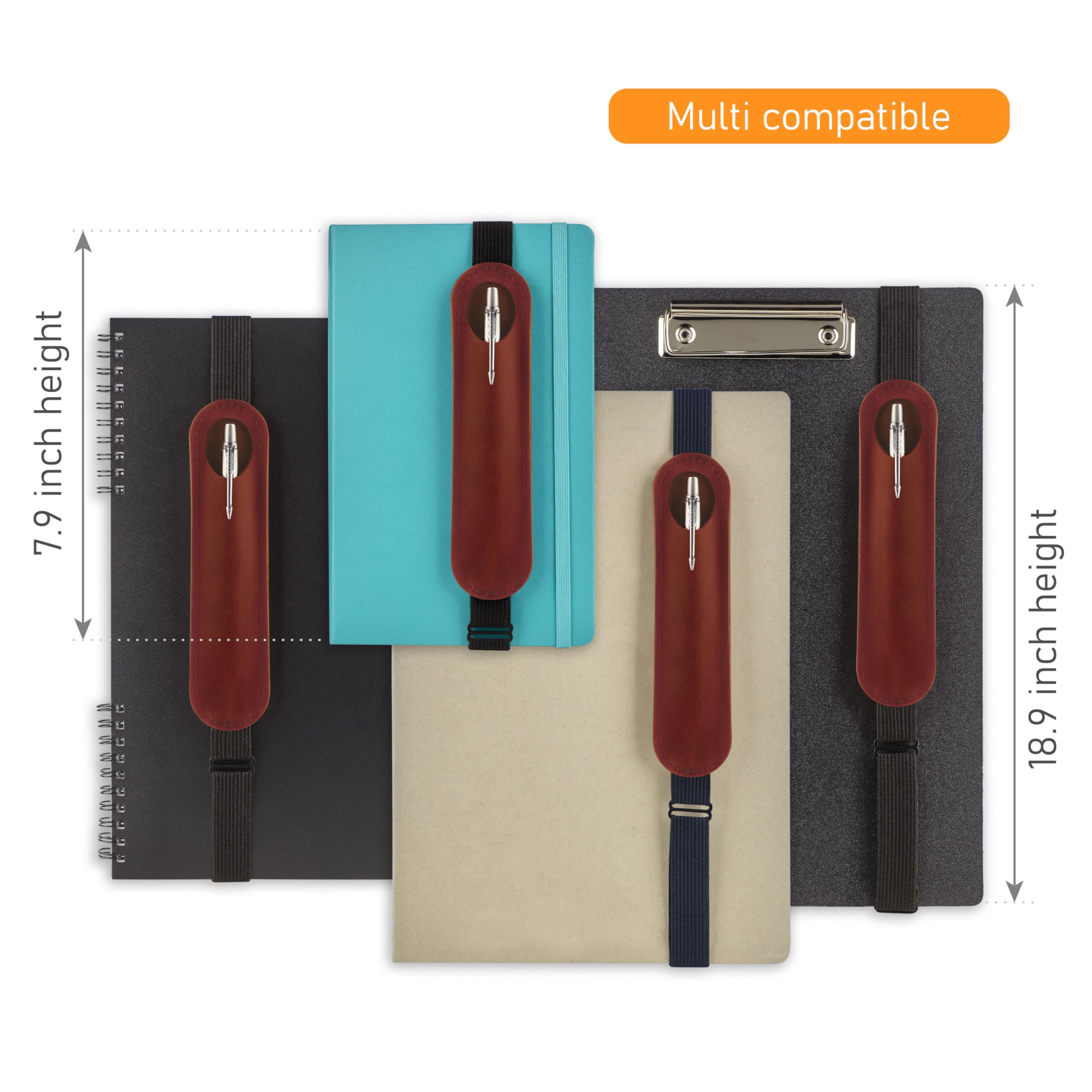 MAKYN Leather Adjustable Pen Holder for Journals, Notebooks, Planners, Books, Pencil Sleeve Case Pouch, Elastic Pen Holder for Notebook, Soft Fountain Pen Case (Cognac)
