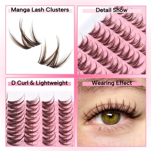 Fyonas Brown Lash Clusters Manga Eyelash Clusters Spiky Cluster Eyelash Extensions 80Pcs D Curl Individual Lashes Volume Anime Lash Clusters with Thin Band Cosplay Lashes DIY at Home (Cutey Brown)