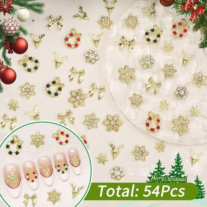 54 Pcs Gold Christmas Nail Charms, 3D Alloy Snowflake Nail Charms Rhinestones, Cute Christmas Elk Bow Nails Charm for Xmas DIY Nails Supplies