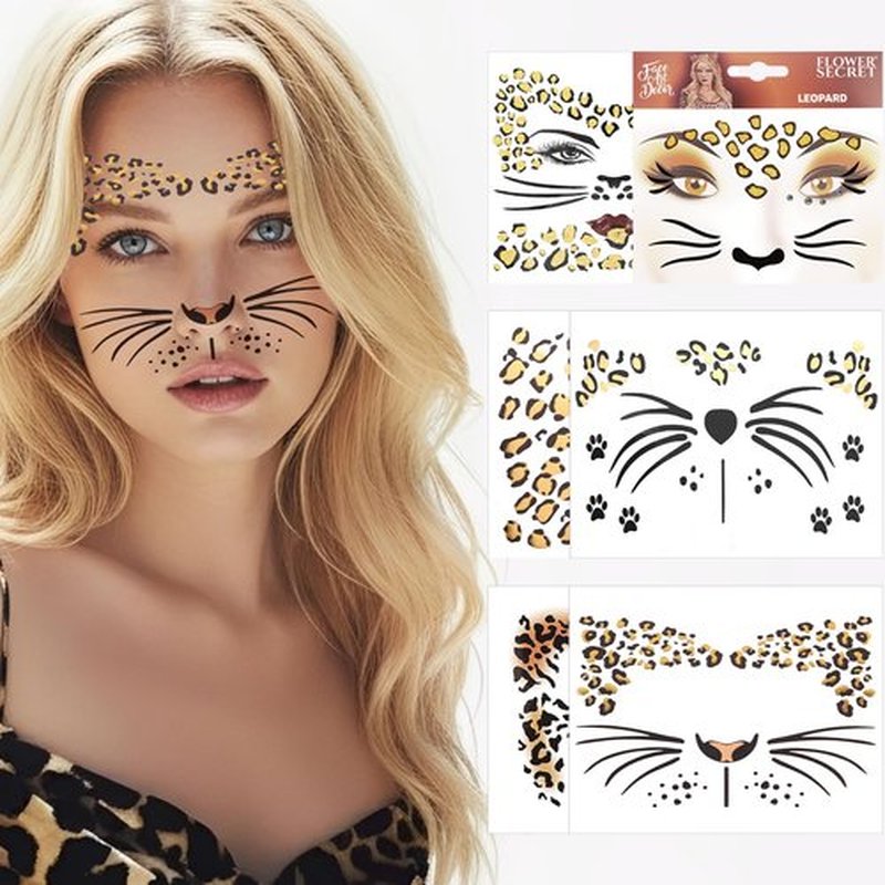 Exlinonline 6Pcs Cheetah Face Stickers, Leopard Skin Face Tattoos for Women, Perfect for Halloween Costume Parties Cheetah Makeup