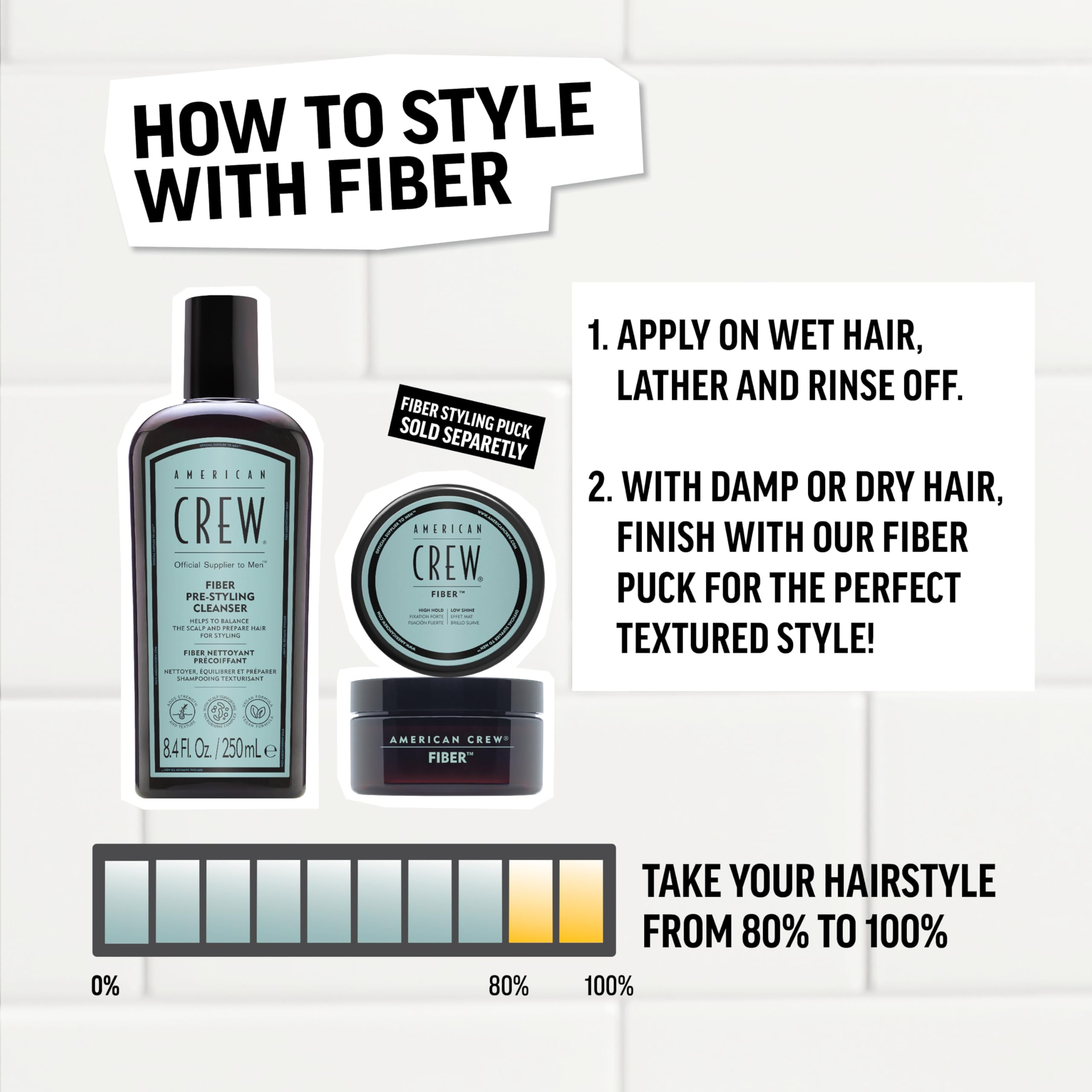 AMERICAN CREW Men's Pre-Styler Fiber Shampoo for Damaged & Fine Hair, Strengthening & Scalp Balancing, Adds Thickness & Shine, Vegan, 8.4 fl oz