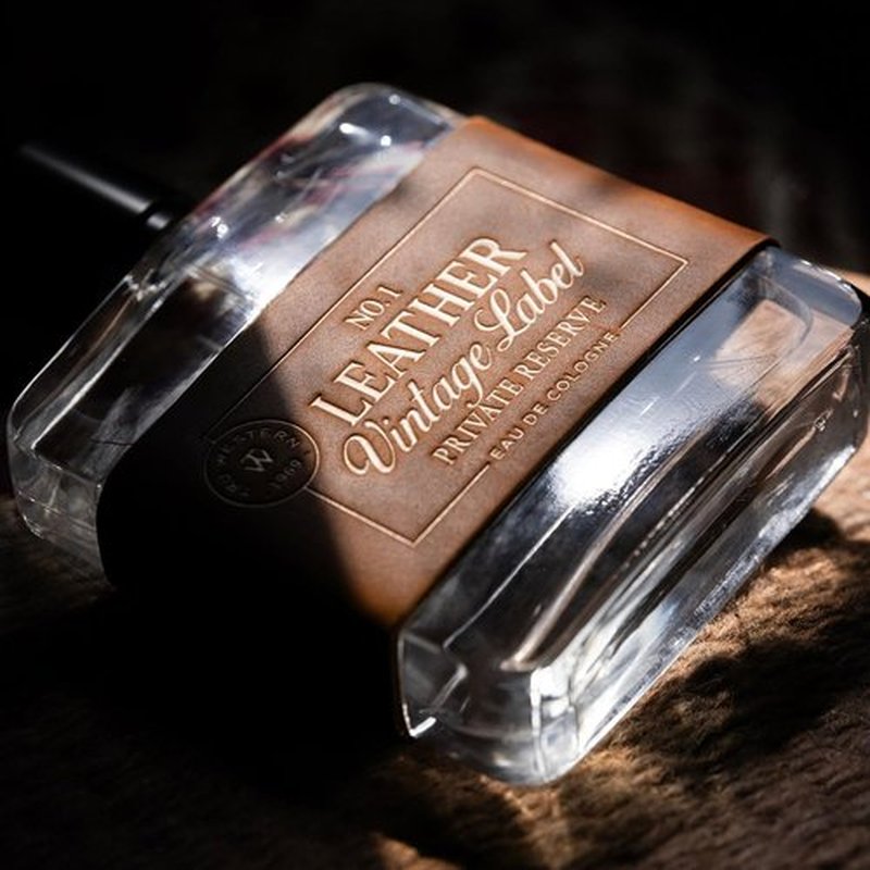 Tru Western Leather No. 1 | Vintage Label Private Reserve Fragrance - 3.4 fl oz (100 ml) with Cedarwood & Clementine Notes