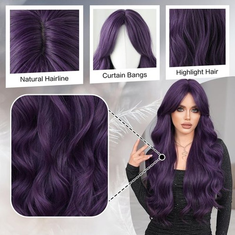 7JHH WIGS 31in Purple Long Water Body Wavy Wigs with Curtain Bangs Natural Heat Resistant Synthetic Fiber Midlle Part Women Curly Wigs for Chrismas Daily Party Daily Used