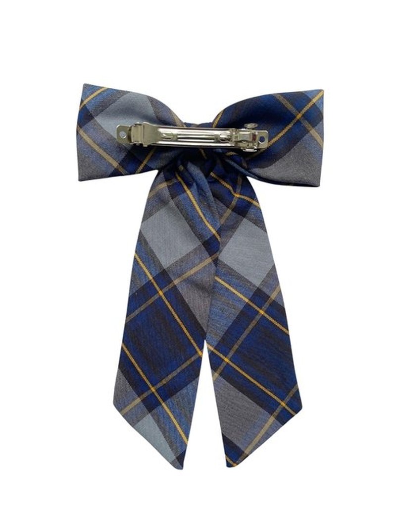 ClassExceed Jumbo Hair Bow for Girls – Extra Large 5"x8" with Long Tail & Secure French Barrette – Durable Yarn-Dyed Fabric – Elegant Back to School Accessory (Classic Navy Plaid- Blue Gold Gray #57)