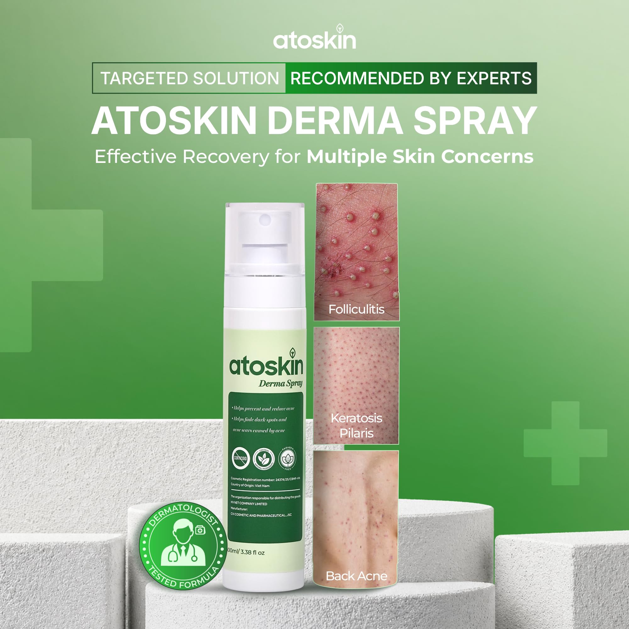 Atoskin Advanced Folliculitis & Back Acne Treatment Spray with 1.5% Glycolic Acid & 1% Zinc PCA - Reduces Redness & Keratosis Pilaris (3.4 oz)