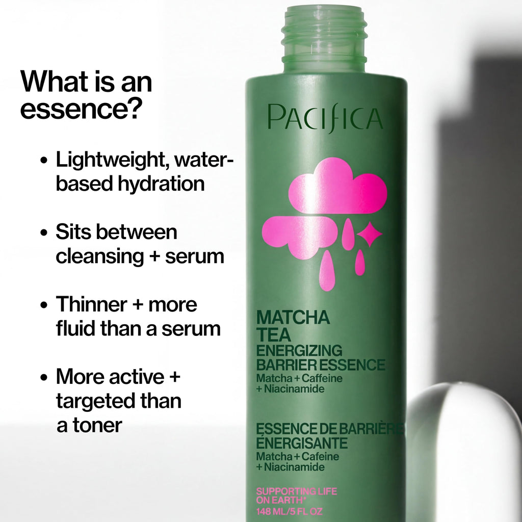 Pacifica Matcha Milk Energizing Barrier Essence, Facial Essence with Matcha Green Tea, Niacinamide and Caffeine, Inulin and Oat Extract, Fast-Absorbing, Vegan and Cruelty-Free
