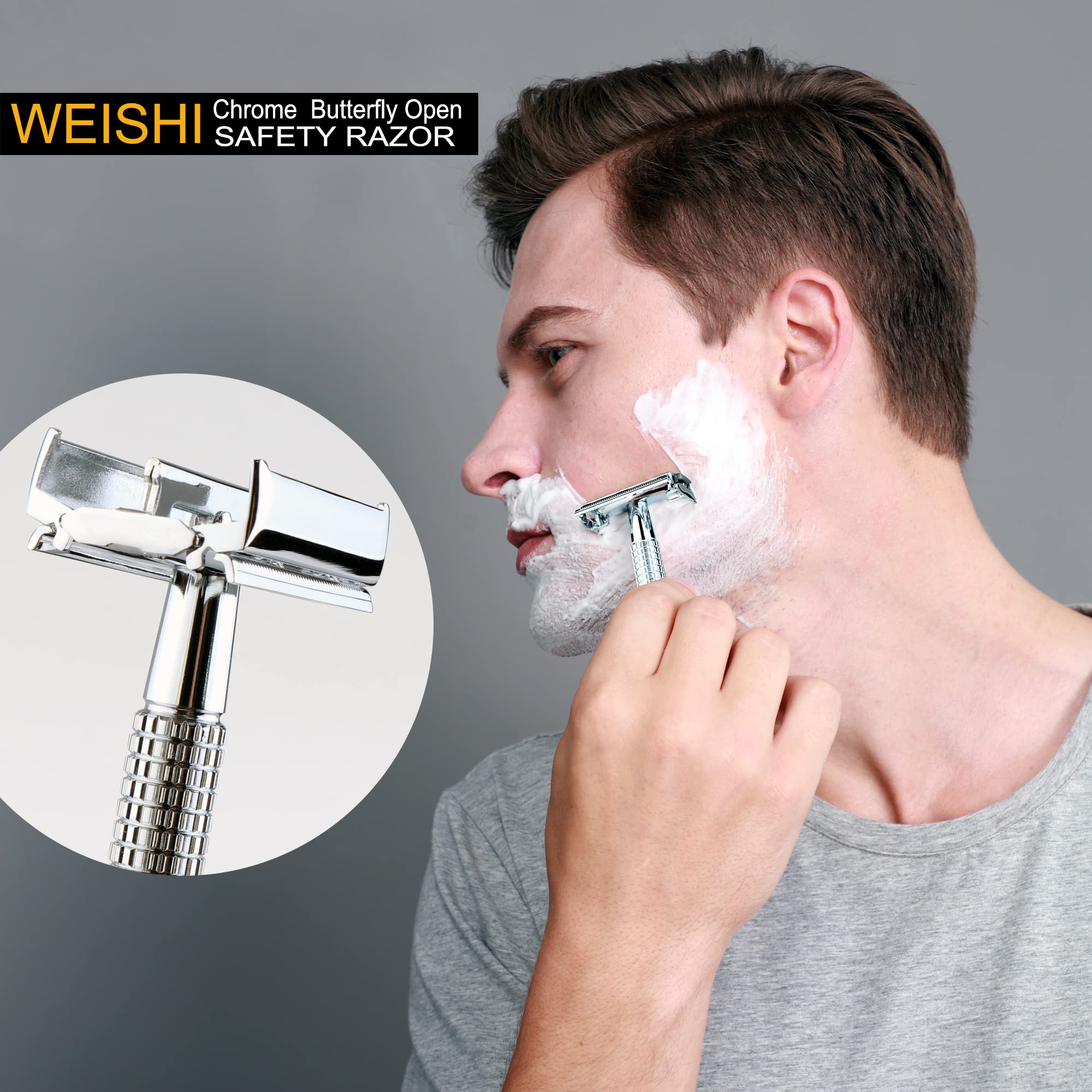 WEISHI Butterfly Open Double Edge Safety Razor for Men, Chrome Long Handle with 5 Stainless Razor Blades Included, Reusable Wet Shave Tool for Smooth, Close Shave