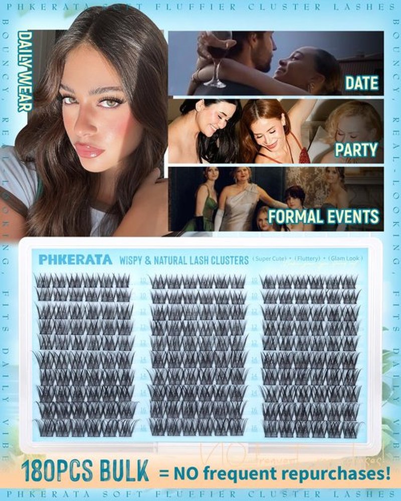 PHKERATA Wispy Lash Clusters Naural Eyelash Clusters Extensions C Curly Individual Lashes Clusters DIY Eyelash Extension with Wide Soft Thin Band,10-16MM,180Pcs