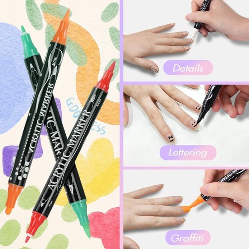 24 Colors Nail Art Markers Pens Kit, Acrylic Paint Non-Toxic Waterproof, Nail Polish Pen Marker with (0.5-5mm)3Types Tips for 3D Nail Art, Diy Nail Art Tools, Dotting Drawing Painting Point Home Salon