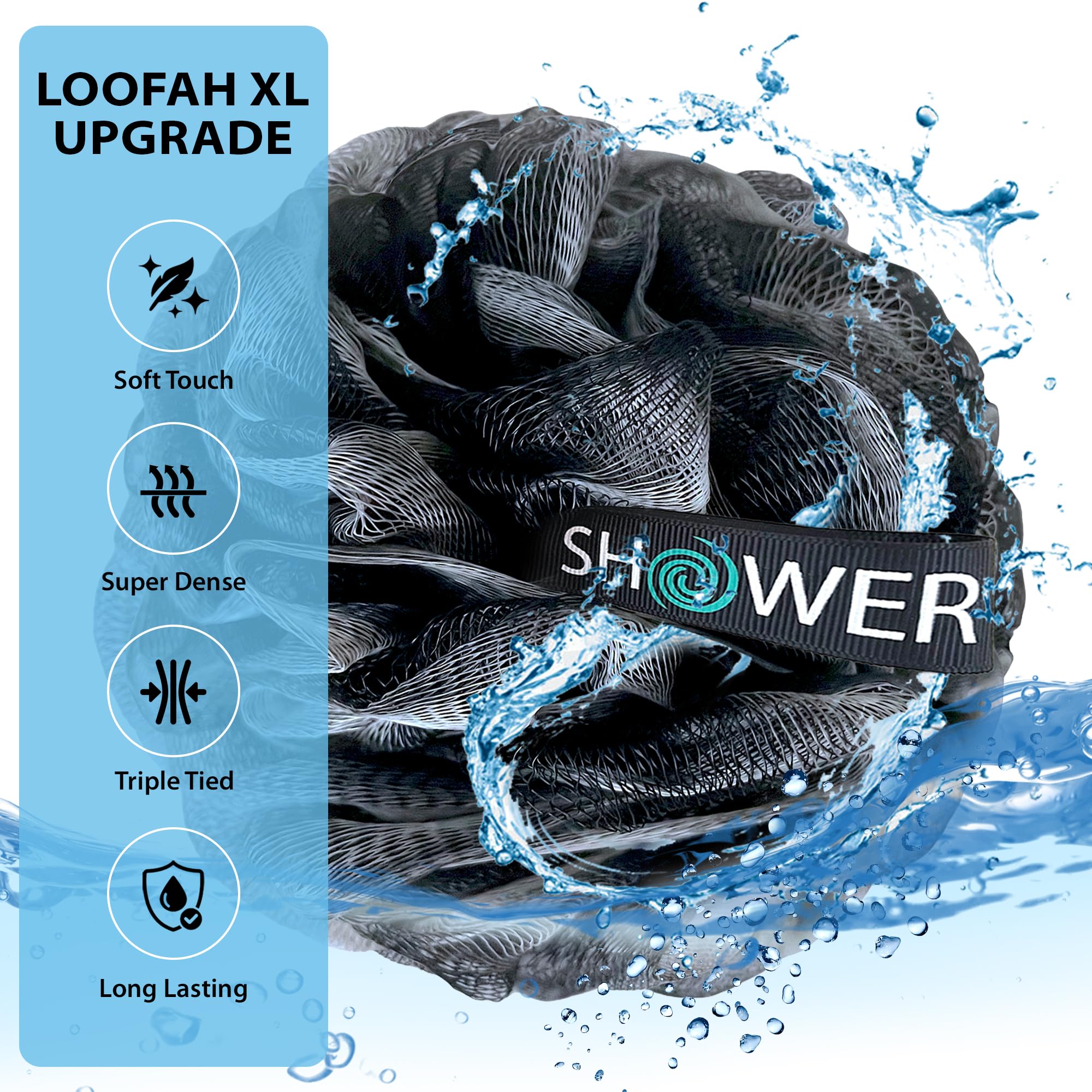 SHOWER BOUQUET Loofah-Charcoal Bath-Sponge-4-Pack // Extra-Large 75g Soft Mesh Black Loofa Lufa Loufa Luffa Puff Set/Exfoliating Body Scrubber for Women and Men - Exfoliate & Soothe Face & Body
