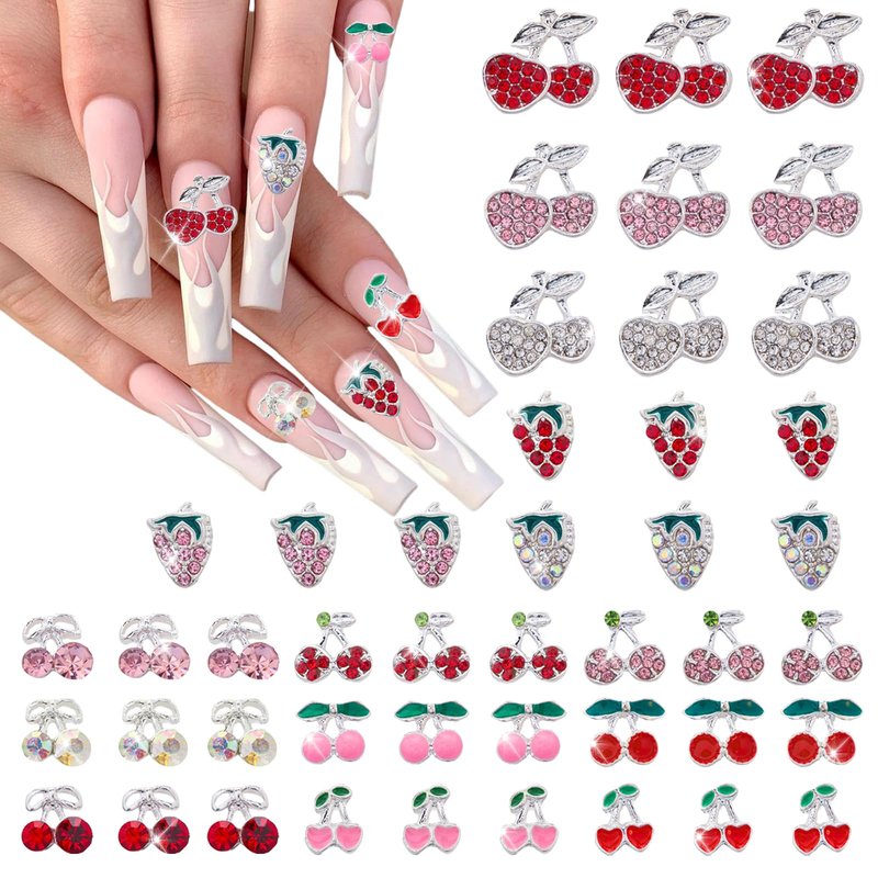 XEAOHESY 45 Pieces Silver Cherry and Strawberry 3D Nail Rhinestones - Cute Fruit Gems and Charms for Women's Manicure and Nail Art Decoration
