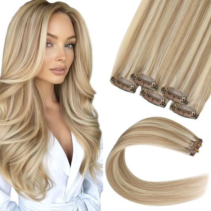 MEI YUAN LIN Human Hair Clip in Extensions 5Pcs Individual Hair Extensions Real Human Hair Clip ins Soft Straight for Women 16 Inch #16/22 Light Blonde Highlighted Golden Blonde