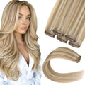 MEI YUAN LIN Human Hair Clip in Extensions 5Pcs Individual Hair Extensions Real Human Hair Clip ins Soft Straight for Women 16 Inch #16/22 Light Blonde Highlighted Golden Blonde