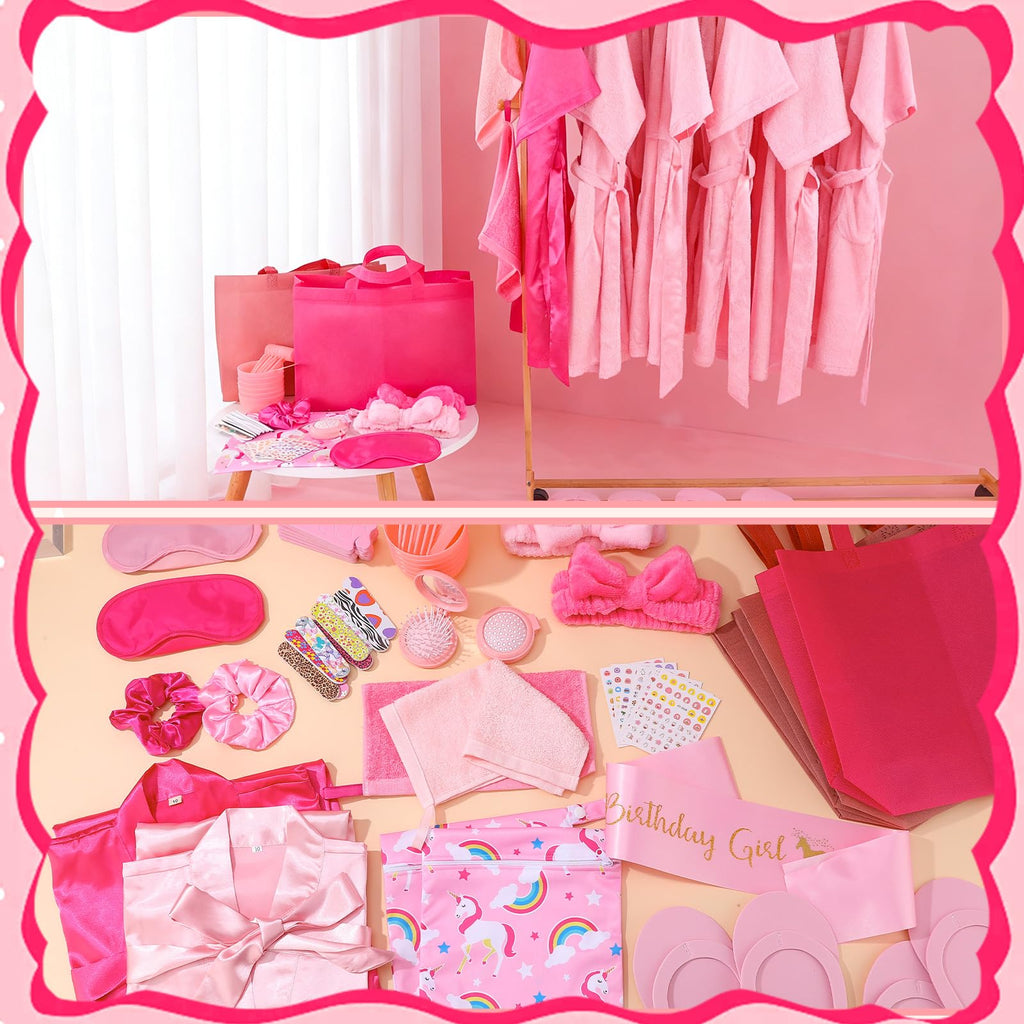 ZhouBoat 6 Set Girls Spa Party Supplies Kit 83 PCS Includes Satin Robes Headbands Slippers Nail Kit Masks Towel Brush Set for Birthday Sleepover Pink, Hot Pink Birthday Theme