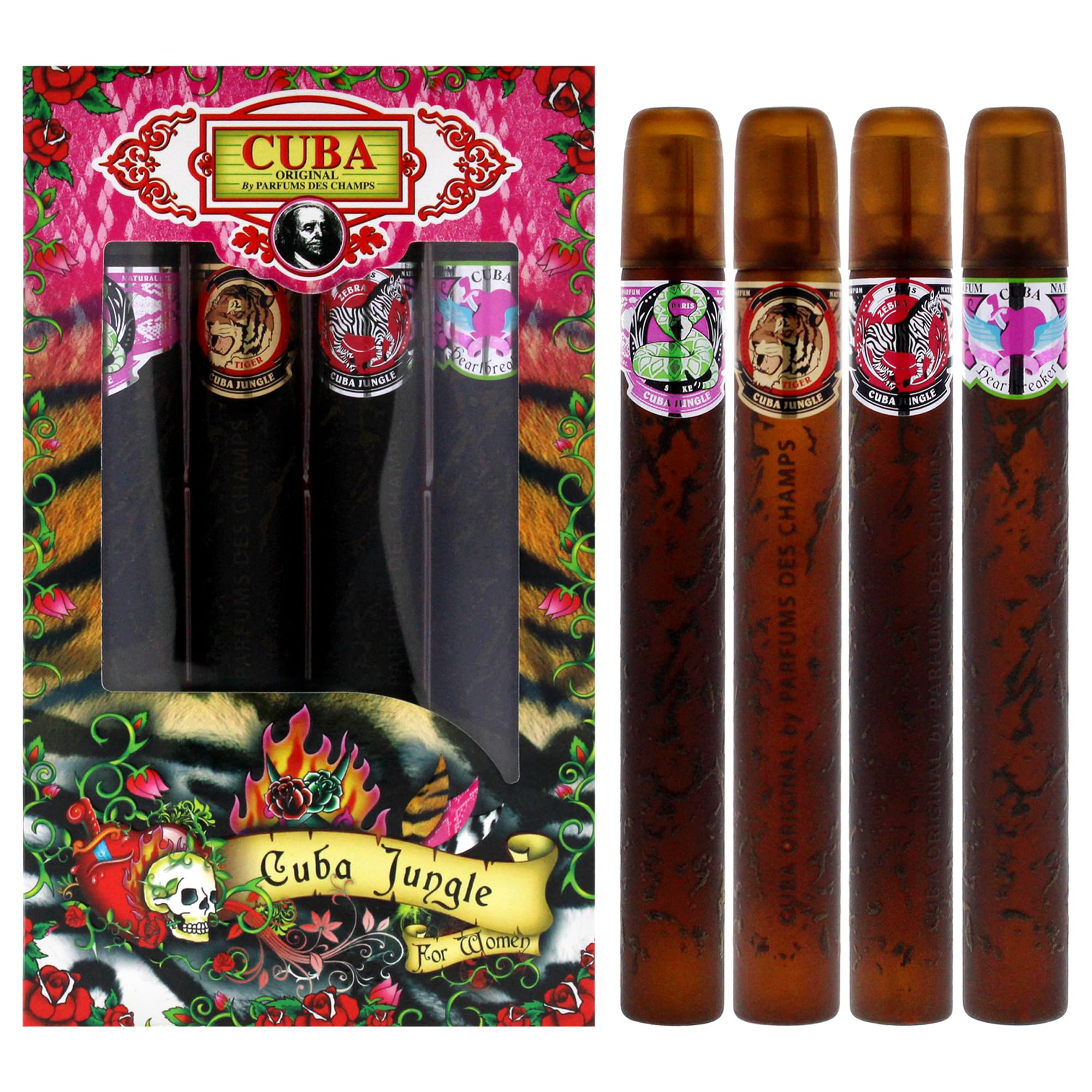 Cuba Jungle 4 Pieces Gift Set for Women, (Snake + Tiger + Zebra + Heartbreaker 4×1.17 Ounce Eau de Parfum Spray)