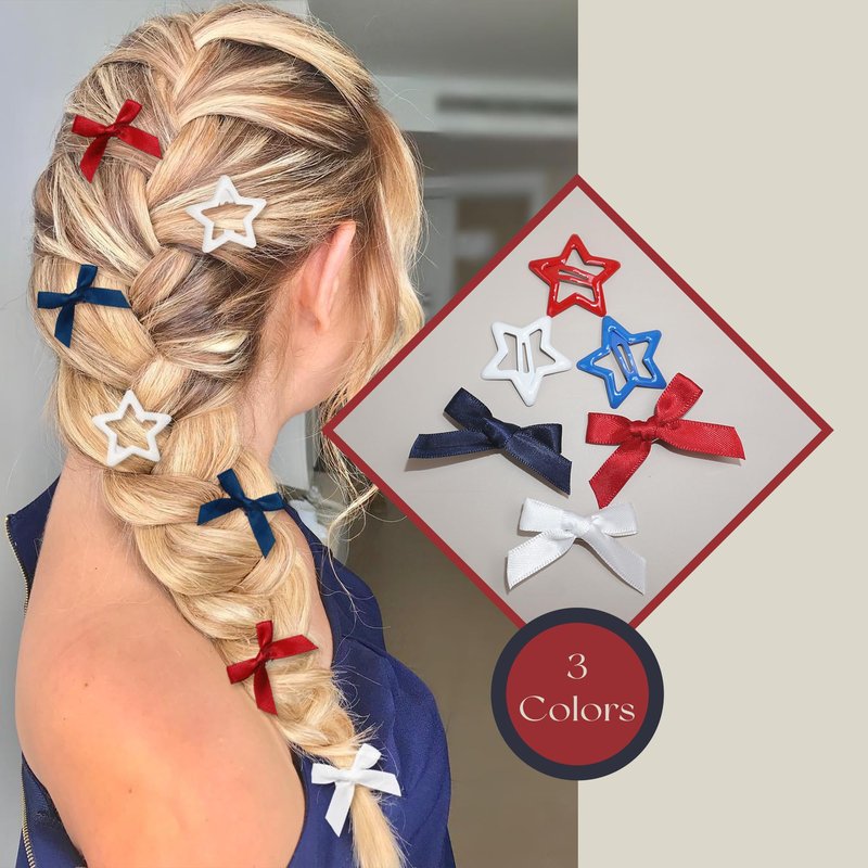 YAEISM 24PCS Star Hair Clips 3 Colors Bow Hair Clips Satin Small Hair Bows Metal Snap Star Clips Y2K Coquette Barrettes American Flag Clips Hair Accessories for Women