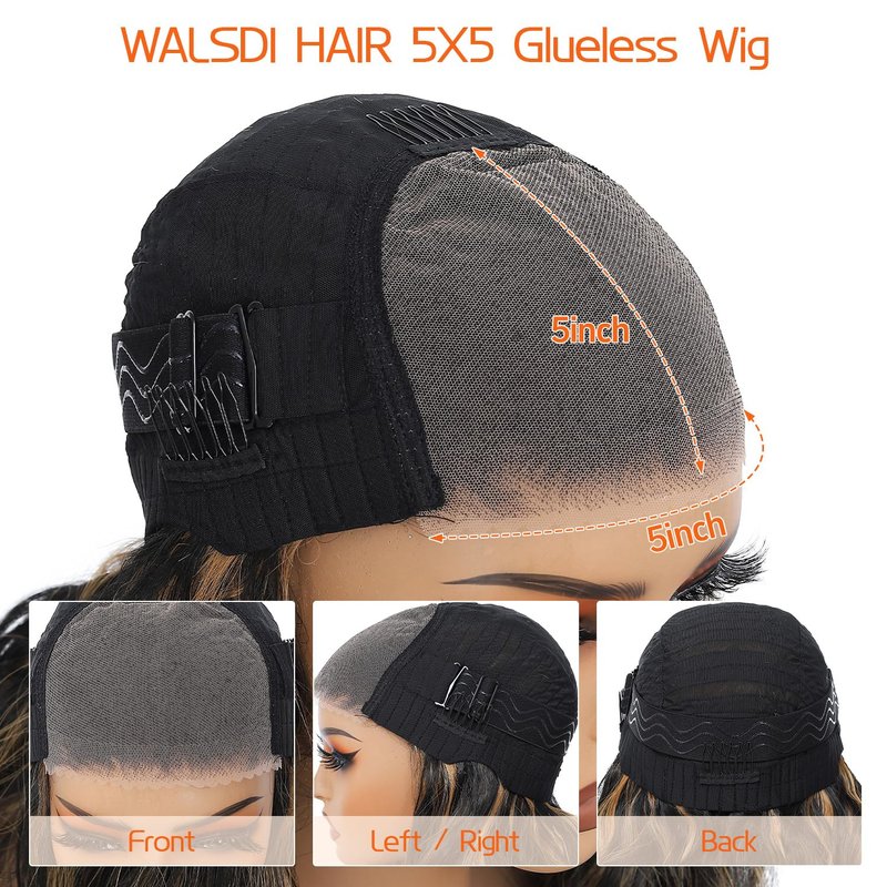 Walsdi Glueless 5x5 HD Lace Front Wig Synthetic Body Wave 28 Inch Ready to Wear Honey Blonde Highlights Black Roots Pre Cut Lace Closure Wig for Women Beginner Friendly Easy Install