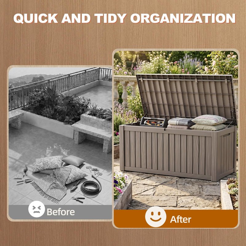 EFU Outdoor Storage Box 180 Gallon Deck Box (Indoor & Outdoor) Lockable UV Resistance Waterproof Resin Storage Bin Storage Box for Outdoor,Patio Storage With Support Rod(Taupe)