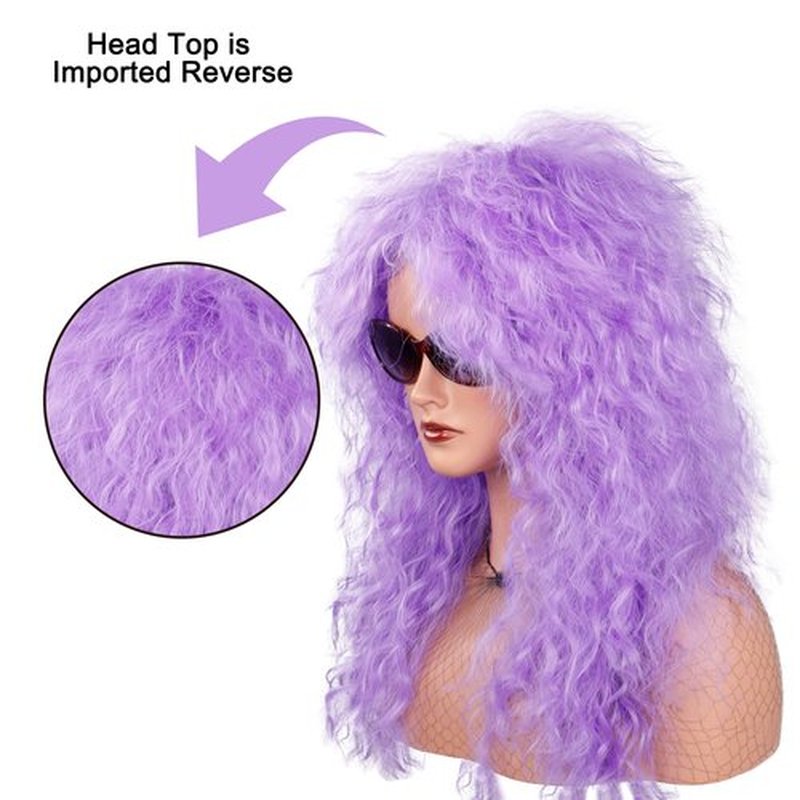 MEIRIYFA 80s Rocker Punk Wig Long Curly Wig for Men and Women Retro Mullet Wigs for Halloween Costume Cosplay Party (Purple)