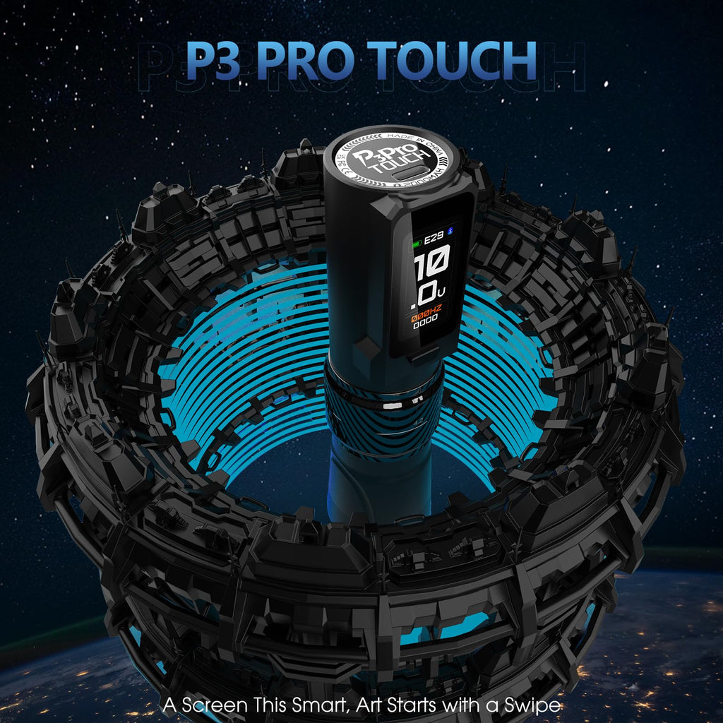 EZ P3 Pro Touch Tattoo Gun, Large Touch Screen Tattoo Machine with 6 Adjustable Strokes 2.0-4.2mm, 2 OLED Digital Display 2,000mAh Power Supply Extra Battery (Black)