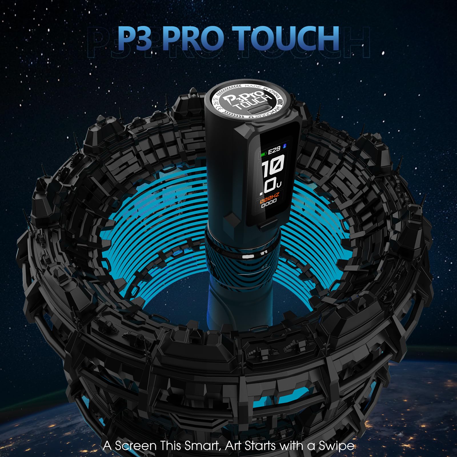 EZ P3 Pro Touch Tattoo Gun, Large Touch Screen Tattoo Machine with 6 Adjustable Strokes 2.0-4.2mm, 2 OLED Digital Display 2,000mAh Power Supply Extra Battery (Black)