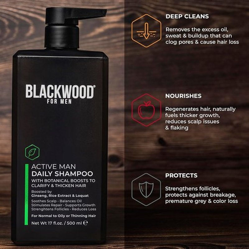 Blackwood For Men Active Man Daily Shampoo - Thickening & Clarifying Formula for Oily Hair - Natural Vegan, Sulfate-Free with Ginseng & Aloe Vera (17oz)