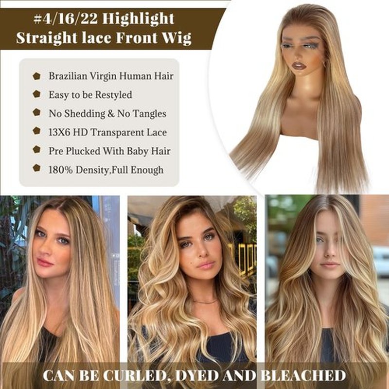 Belaved 4T16P22 Ombre Highlight Wigs Human Hair 13x6 StraightLace Front Wig Human Hair with Brown Roots Brazilian Remy HD Lace Frontal for White Women 180% Density Pre Plucked