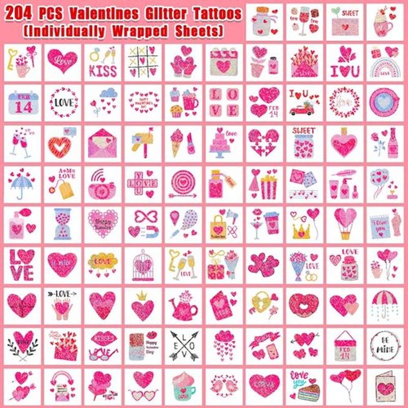 Partywind 204 Glitter Styles Valentine's Day Kids Temporary Tattoos, Valentines Party Supplies Favors Goodie Bag Stuffers, Exchange Surprise for Kids Classroom Prizes (Individually Wrapped Cut)