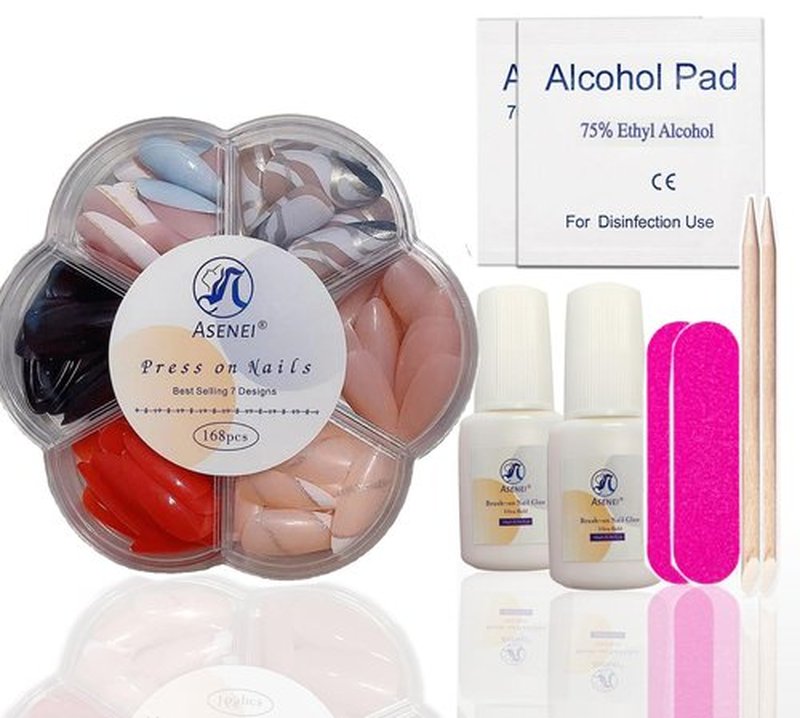 Pre-Designed Almond Press on Nails Kit for Finger by Asenei, 168 Pieces, 7 Designs, with 2 Bottles Nail Glue and Nail tools, All in 1 Press on False Nails (almond finger nail kit)