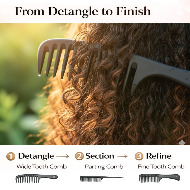 Vivedge Carbon Fiber Hair Comb Set for Curly Hair Woman|Wide Tooth Comb, Parting, Fine Tooth for Detangling, Styling for Natural Fine Straight to Curly, Thick, Wet or Dry Hair (Black-Pink)